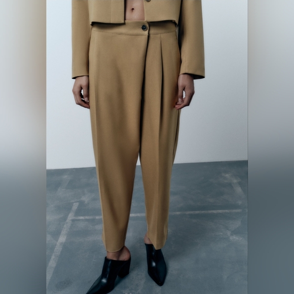 NWT ZARA Crossover Pleated Pants Sz. XL Khaki Asymmetrical - Picture 4 of 11